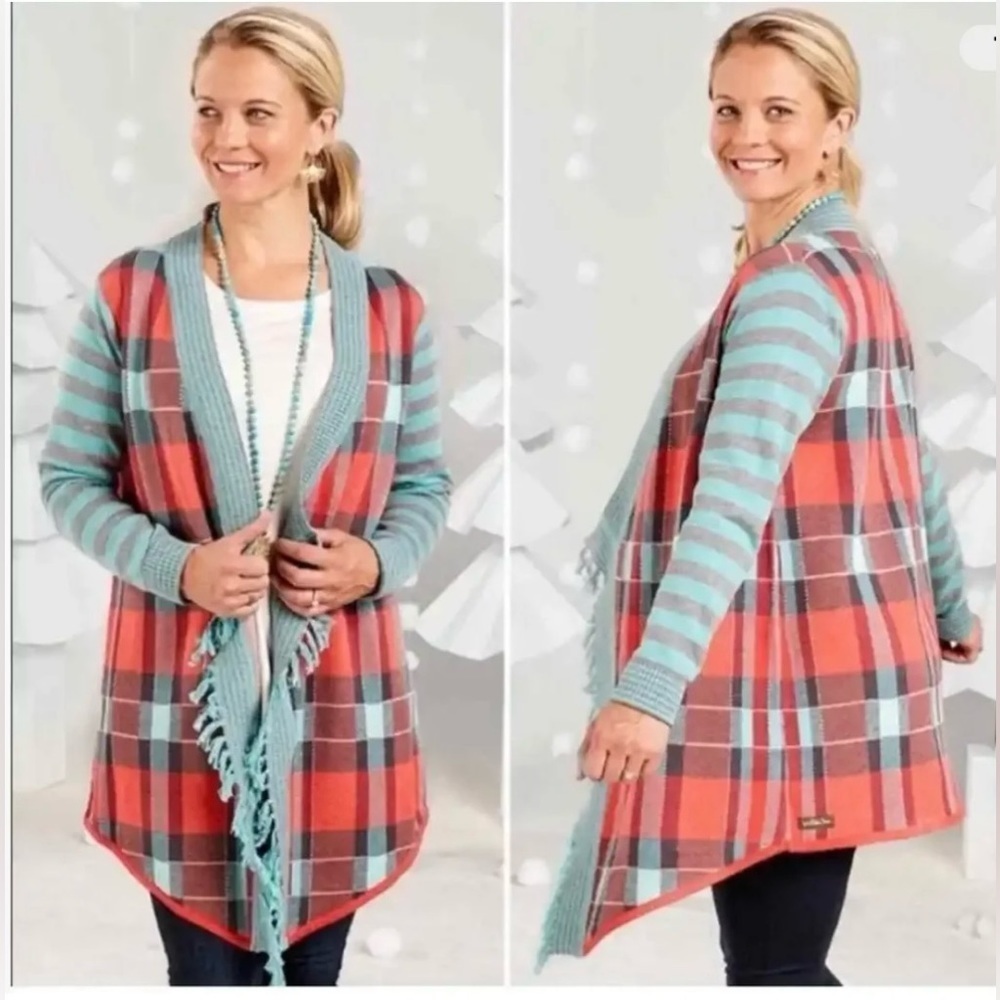 Matilda Jane Steadfast Sweater Plaid Open cardigan Fringe Trim  Size Medium